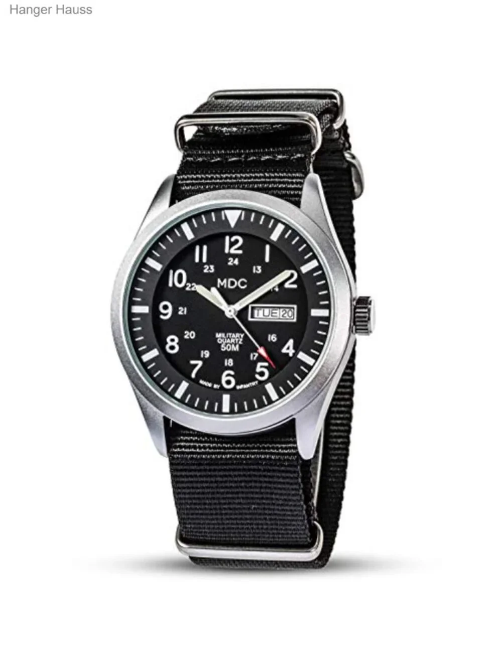 Men's Military Field Watch, 12/24H Day Date, Waterproof Nylon Strap